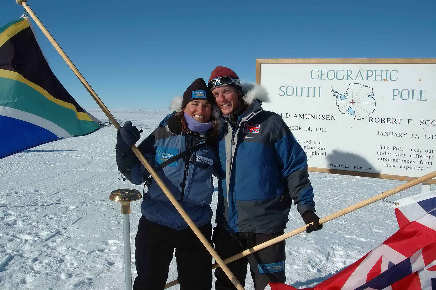 Robyn and Patrick Woodhead, co-founders of White Desert in Antarctica, at the South Pole