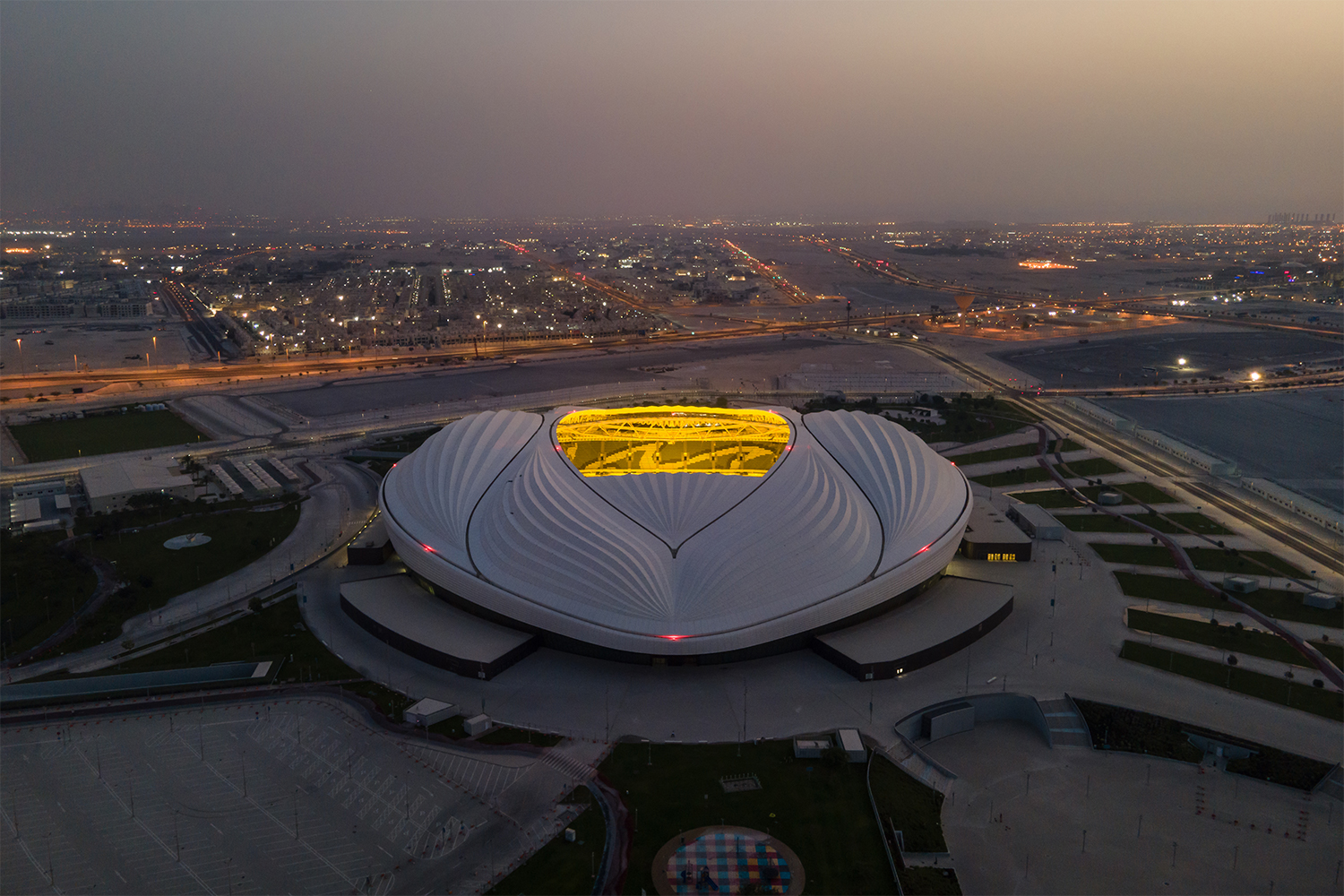 An aerial view of Al Janoub stadium at sunrise on June 21, 2022 in Al Wakrah, Qatar. Al Janoub stadium is a host venue of the FIFA World Cup Qatar 2022 starting in November.