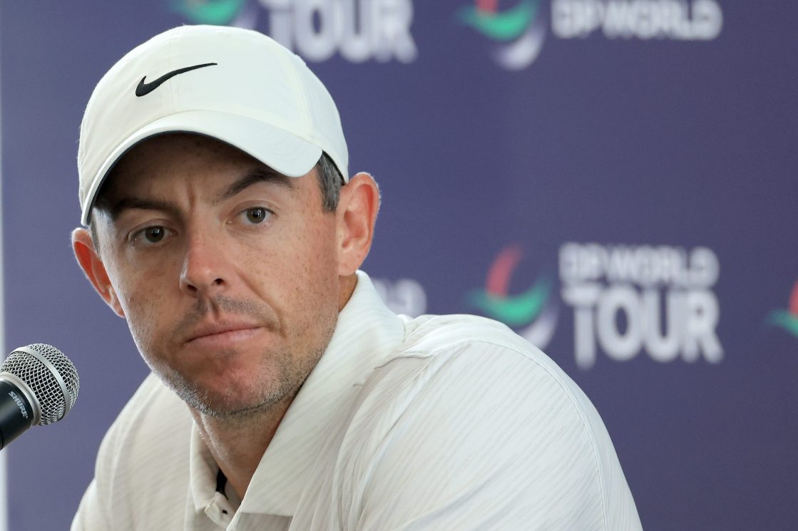 Rory McIlroy speaks to the media at a preview for the DP World Tour Championship in Dubai.