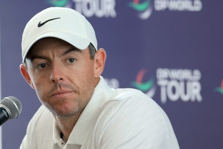 Rory McIlroy speaks to the media at a preview for the DP World Tour Championship in Dubai.