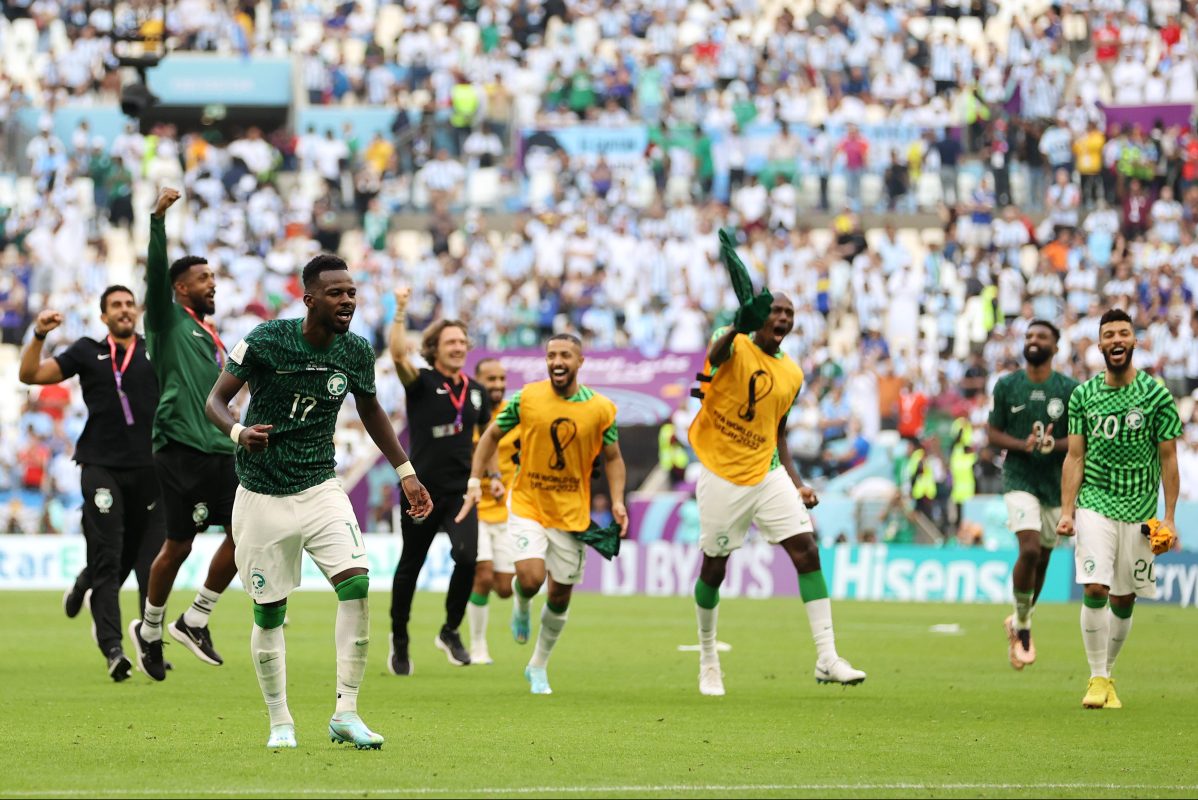 Saudi Arabia players celebrate their 2-1 win over Argentina in Qatar at the 2022 World Cup