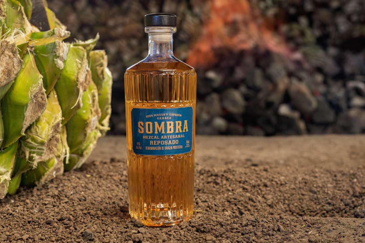 A bottle of Sombra mezcal on the ground near a cut-up agave plant