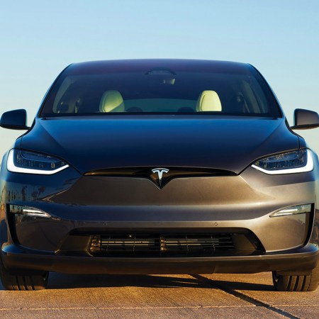 The front of a Tesla Model X Plaid electric SUV