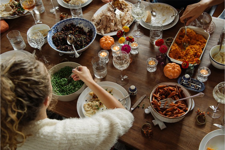 Spread of Thanksgiving food on table