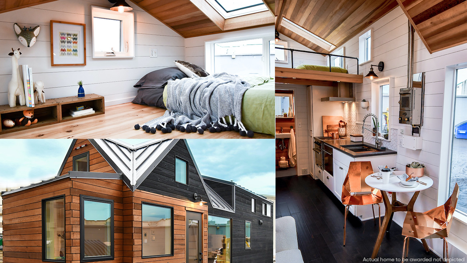 Three images of a tiny home built by Tru Form Tiny. Omaze is giving away a custom build from the Oregon company.