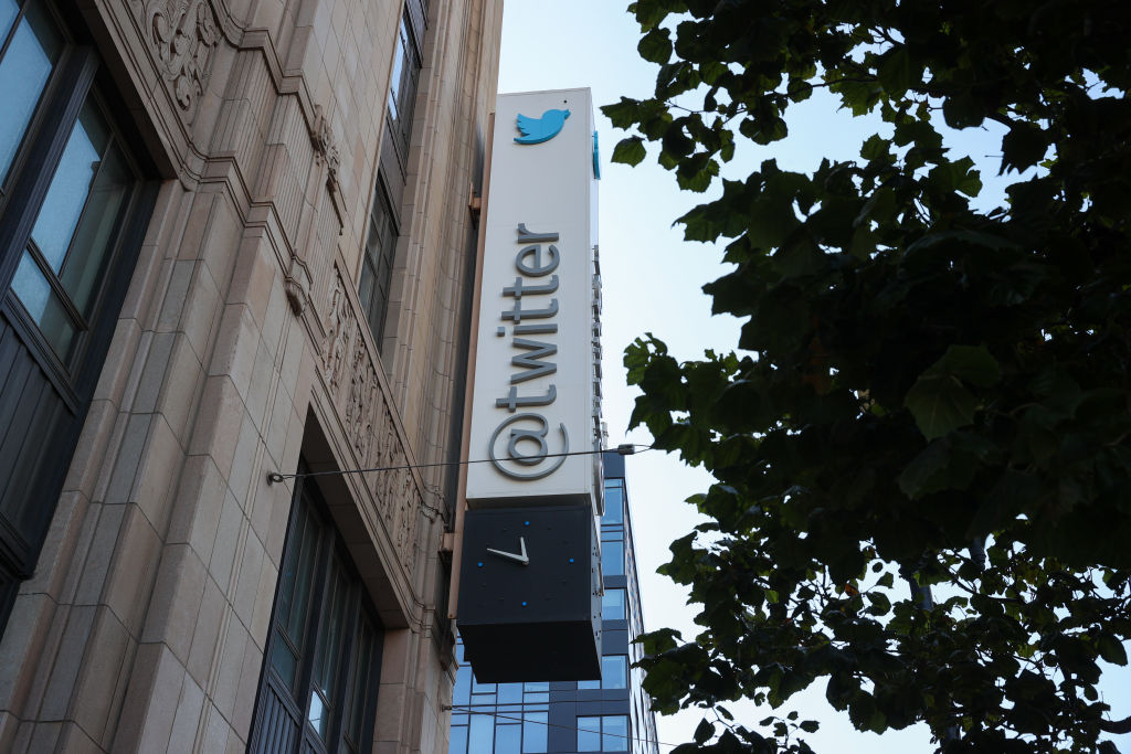A view of the sign outside Twitter HQ, where a content moderation problem shows the issue with Elon Musk's actions