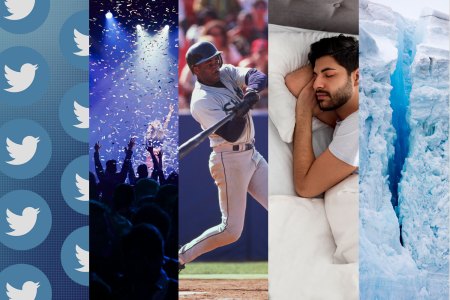 A collage image featuring Twitter icons, a concert, an MLB player, a man sleeping and Antarctica. These are all part of our 2023 trends and predictions for American men.