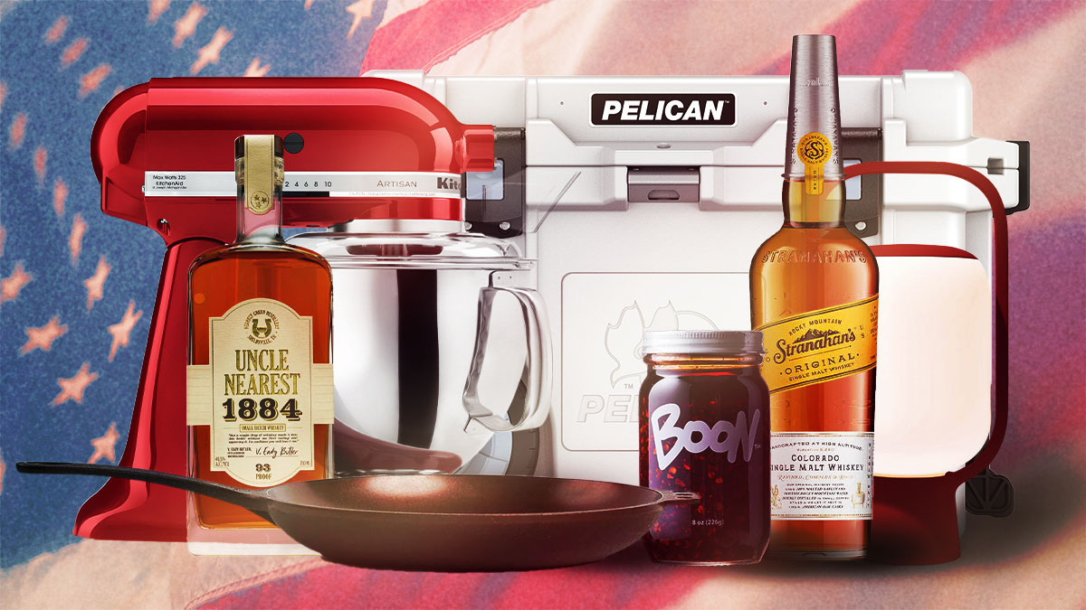 American-made gifts from our holiday gift guide: a KitchenAid stand mixer, two bottles of whiskey, a Pelican cooler, a Smithey skillet and a jar of chili oil