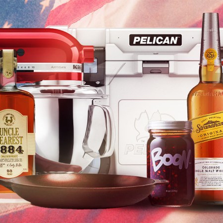 American-made gifts from our holiday gift guide: a KitchenAid stand mixer, two bottles of whiskey, a Pelican cooler, a Smithey skillet and a jar of chili oil