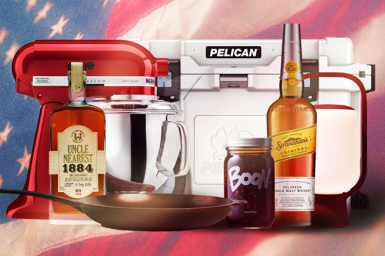 American-made gifts from our holiday gift guide: a KitchenAid stand mixer, two bottles of whiskey, a Pelican cooler, a Smithey skillet and a jar of chili oil