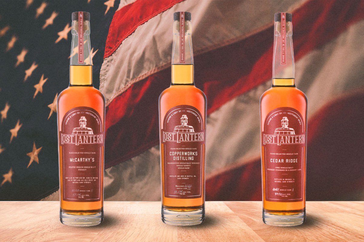 Three American Single Malts from Lost Lantern in front of an American flag