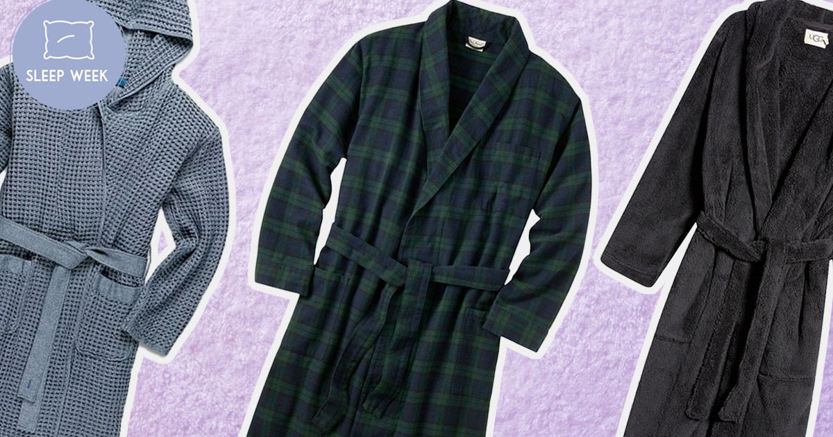 a collage of the best robes for men on a lavender towel background