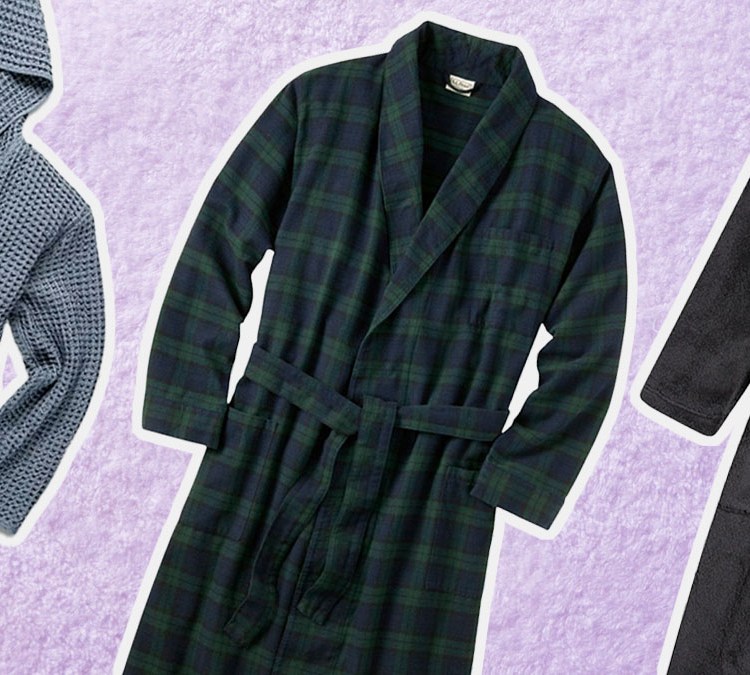 a collage of the best robes for men on a lavender towel background