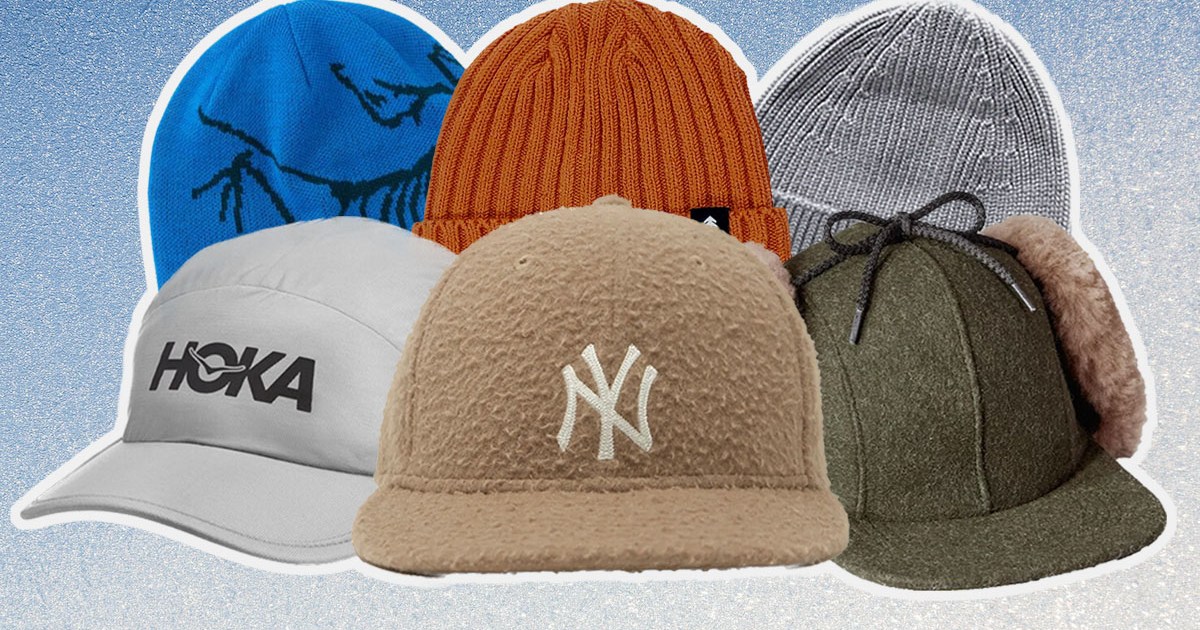 a collage of the best winter hats for men on an icy blue background