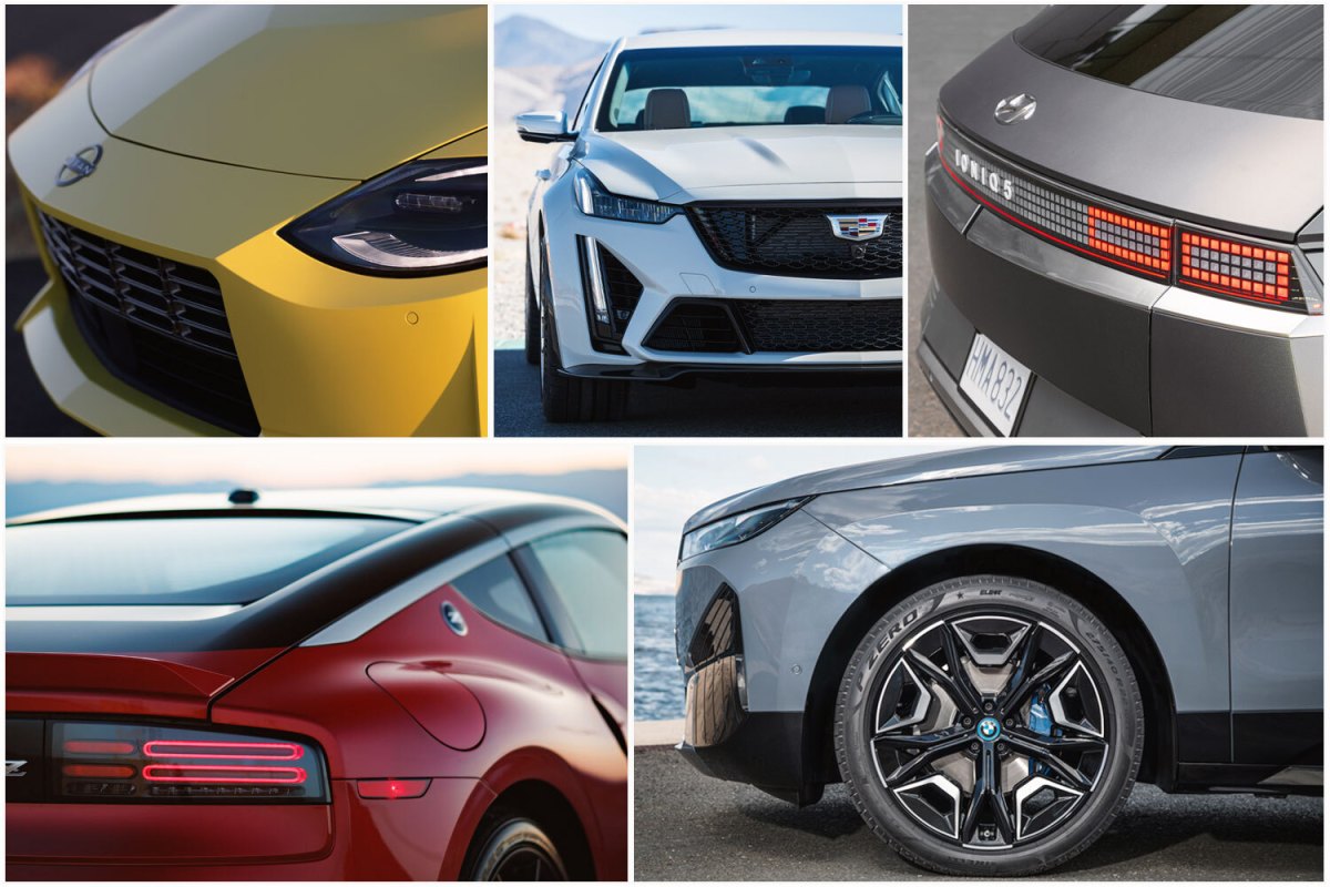 A collage of the best cars, trucks and SUVs I drove in 2022, including the Nissan Z, Cadillac CT5-V Blackwing, Hyundai Ioniq 5 and BMW iX xDrive50