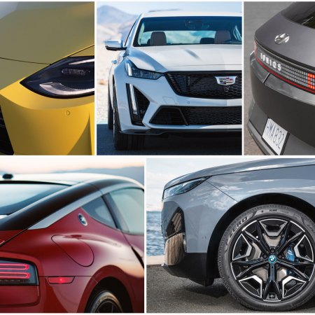 A collage of the best cars, trucks and SUVs I drove in 2022, including the Nissan Z, Cadillac CT5-V Blackwing, Hyundai Ioniq 5 and BMW iX xDrive50
