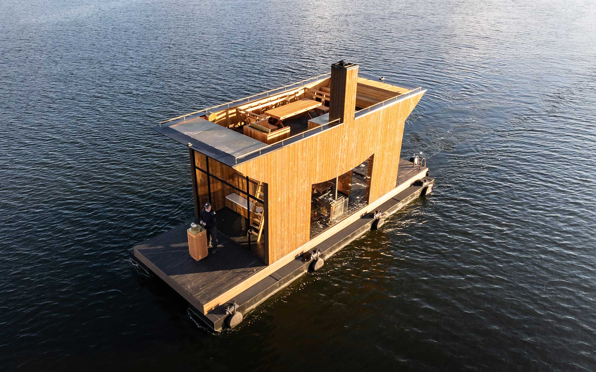 Big Branzino, a floating sauna from firm Sandellsandberg that was made for a client in Stockholm, Sweden
