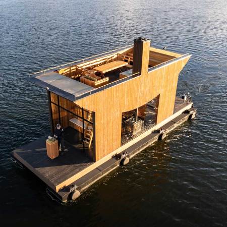 Big Branzino, a floating sauna from firm Sandellsandberg that was made for a client in Stockholm, Sweden