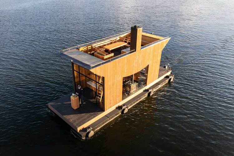 Big Branzino, a floating sauna from firm Sandellsandberg that was made for a client in Stockholm, Sweden