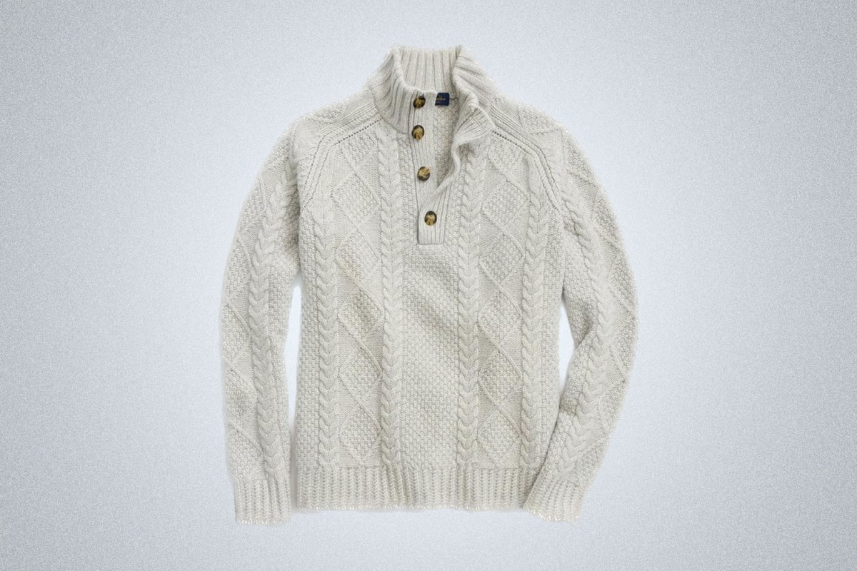 Brooks Brothers Merino Wool Mock Neck Aran Cable Sweater
