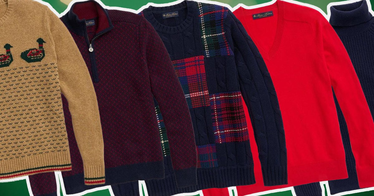 a collage of sweaters from the Brooks Brothers Sweater Sale on a green background