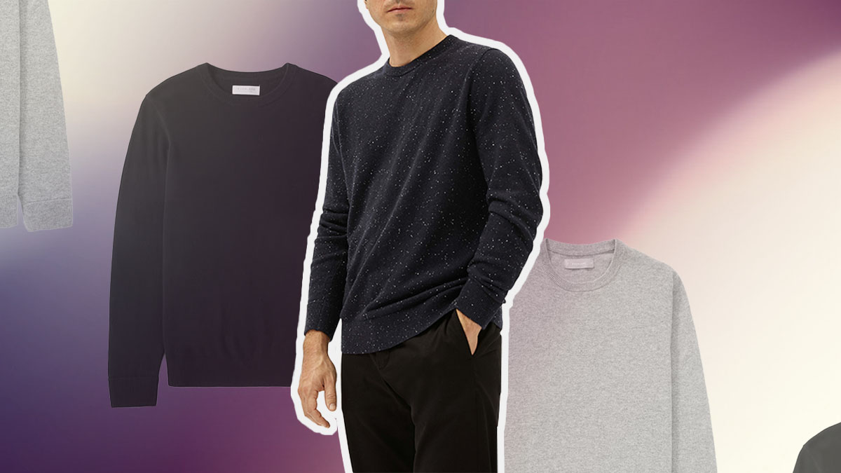 a model in an Everlane sweater against a gradient background
