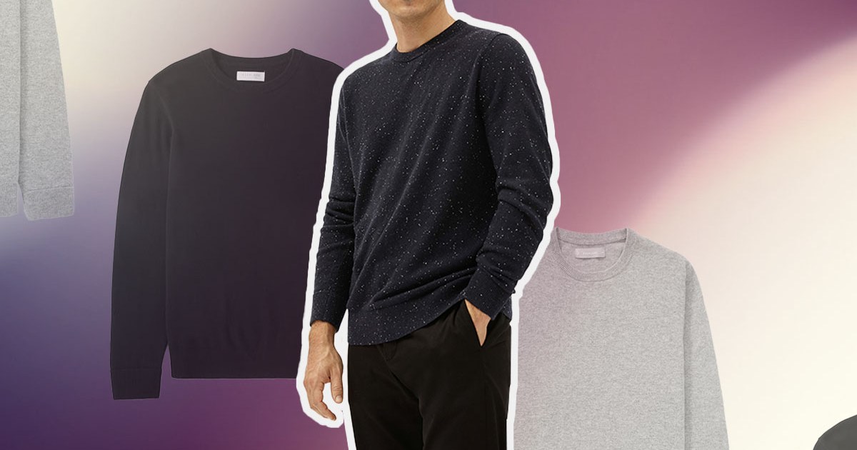 a model in an Everlane sweater against a gradient background