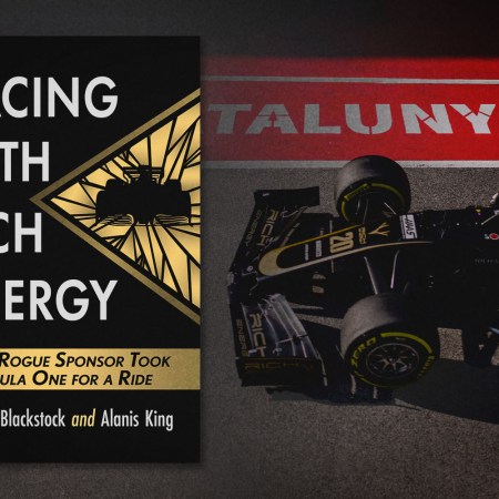 The cover of the book "Racing With Rich Energy," by journalists Alanis King and Elizabeth Blackstock, next to a Haas F1 car with a Rich Energy decal