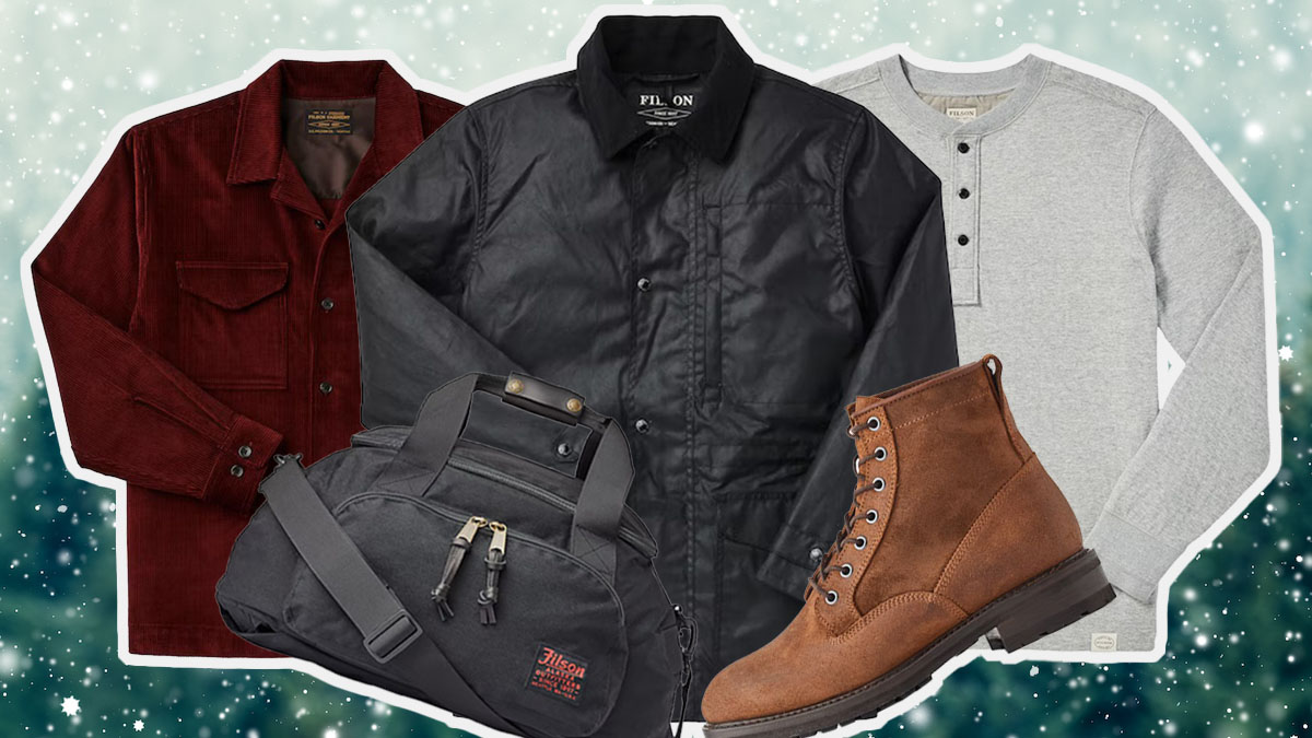 a collage of items from the Filson Winter Sale on a wintery background