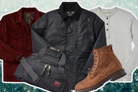 a collage of items from the Filson Winter Sale on a wintery background