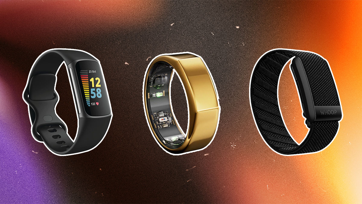 Fitness wearables on a pink, pruple and orange textured background