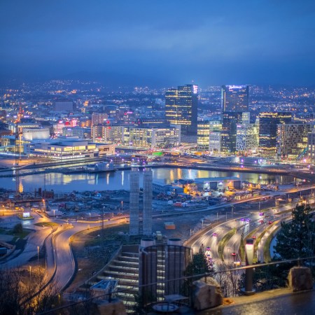 A view of the Oslo business district at dusk