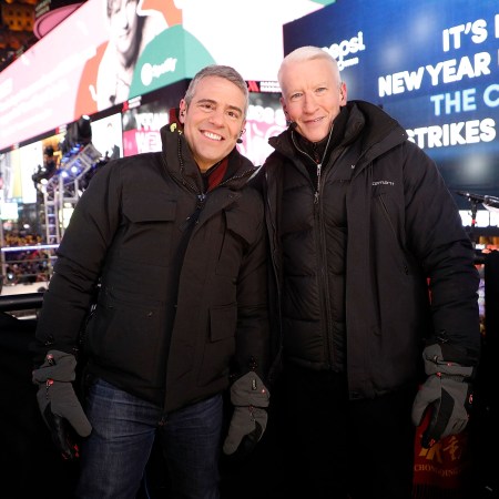 Andy Cohen and Anderson Cooper host CNN's New Year's Eve coverage at Times Square on December 31, 2017 in New York City.