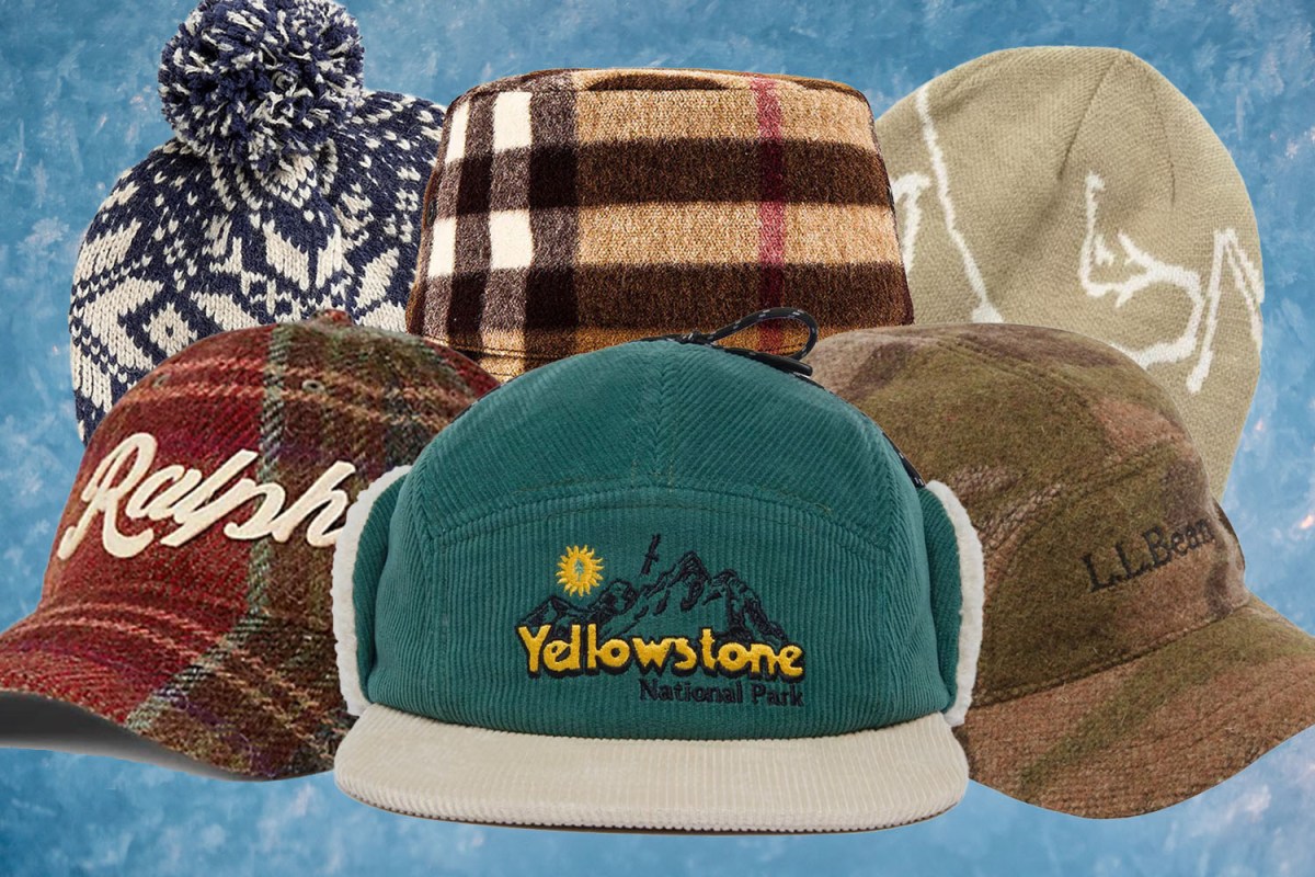a collage of the best winter hats for men on an icy blue background