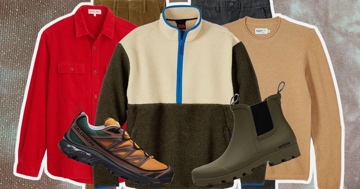 a collage of Huckberry year-end sale items on a brown background