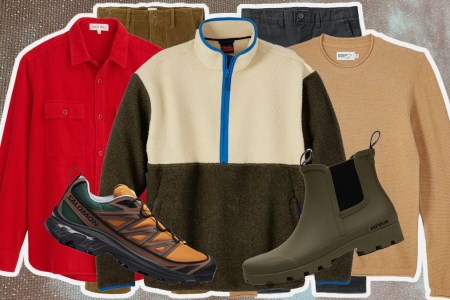 a collage of Huckberry year-end sale items on a brown background