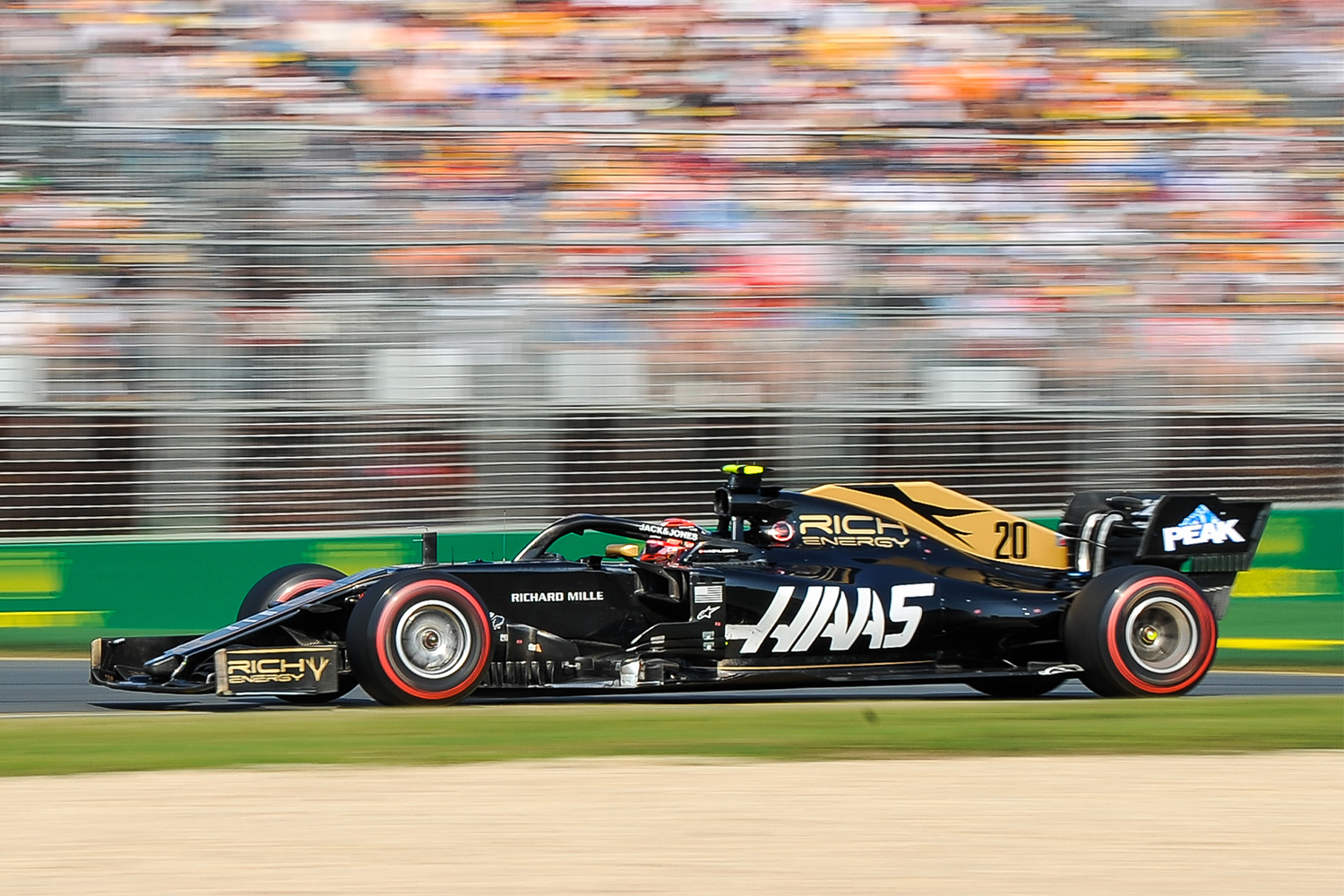 Magnussen drives for Rich Energy Haas F1 Team in the Australian Grand Prix in March 2019.