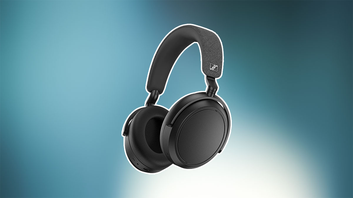 The Sennheiser Momentum 4 on a teal and blue background