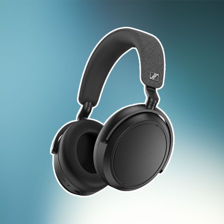 The Sennheiser Momentum 4 on a teal and blue background