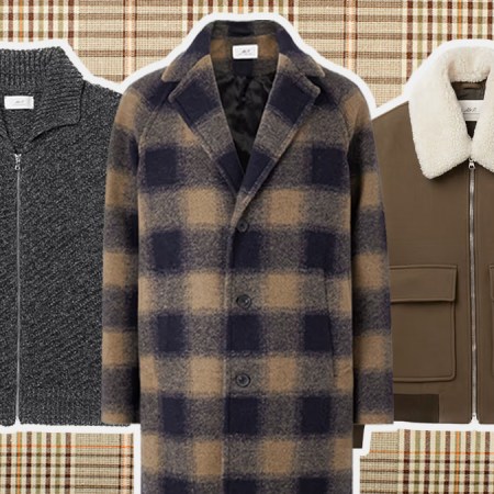 a trio of Mr Porter jackets and sweaters on a tan checked background