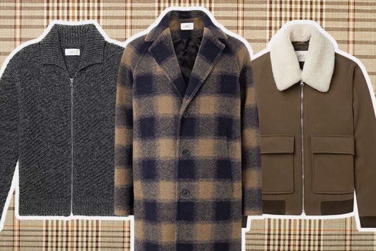 a trio of Mr Porter jackets and sweaters on a tan checked background