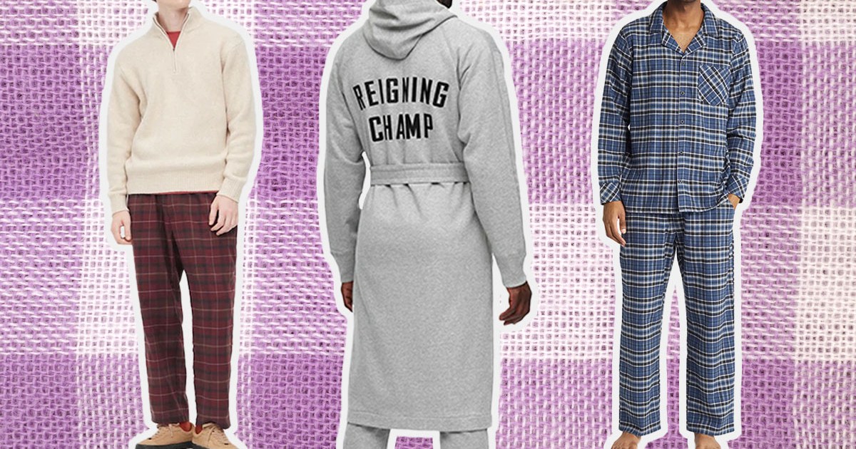 A collage of models wearing PJs on a checked background