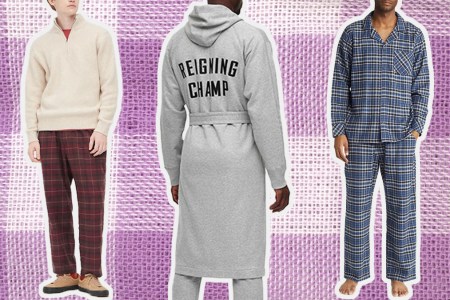 A collage of models wearing PJs on a checked background
