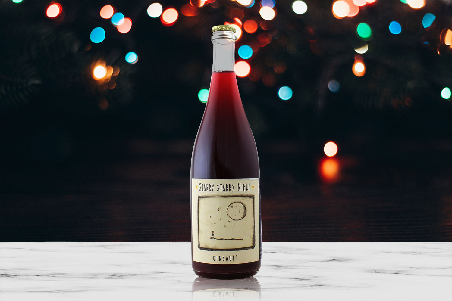 Smallfry 2022 Starry Starry Night Cinsault in front of holiday lights