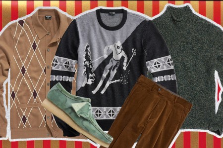 A collage of Todd Snyder Winter Sale items on a red and gold striped background