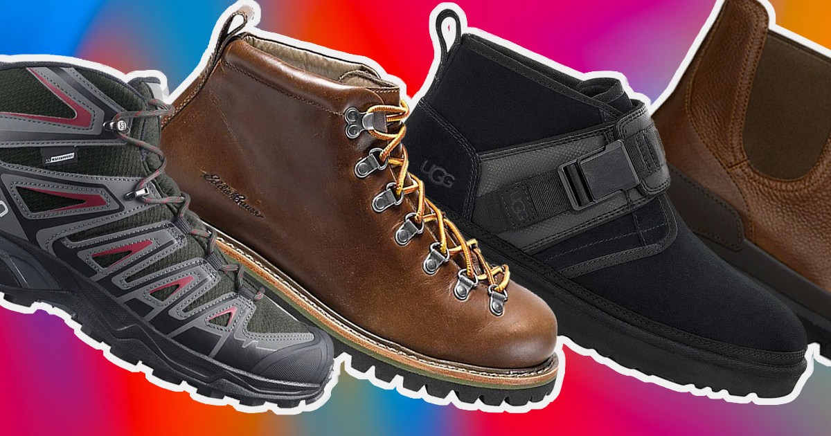 a collage of winter boots on sale on an icy background