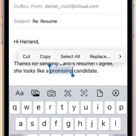 a close-up a cut or copy function on an iPhone. A new Shortcut allows users to see their entire history of copied text, images and links.