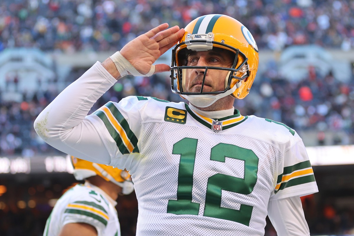 Aaron Rodgers is happy after a successful 2-point conversion against the Bears.