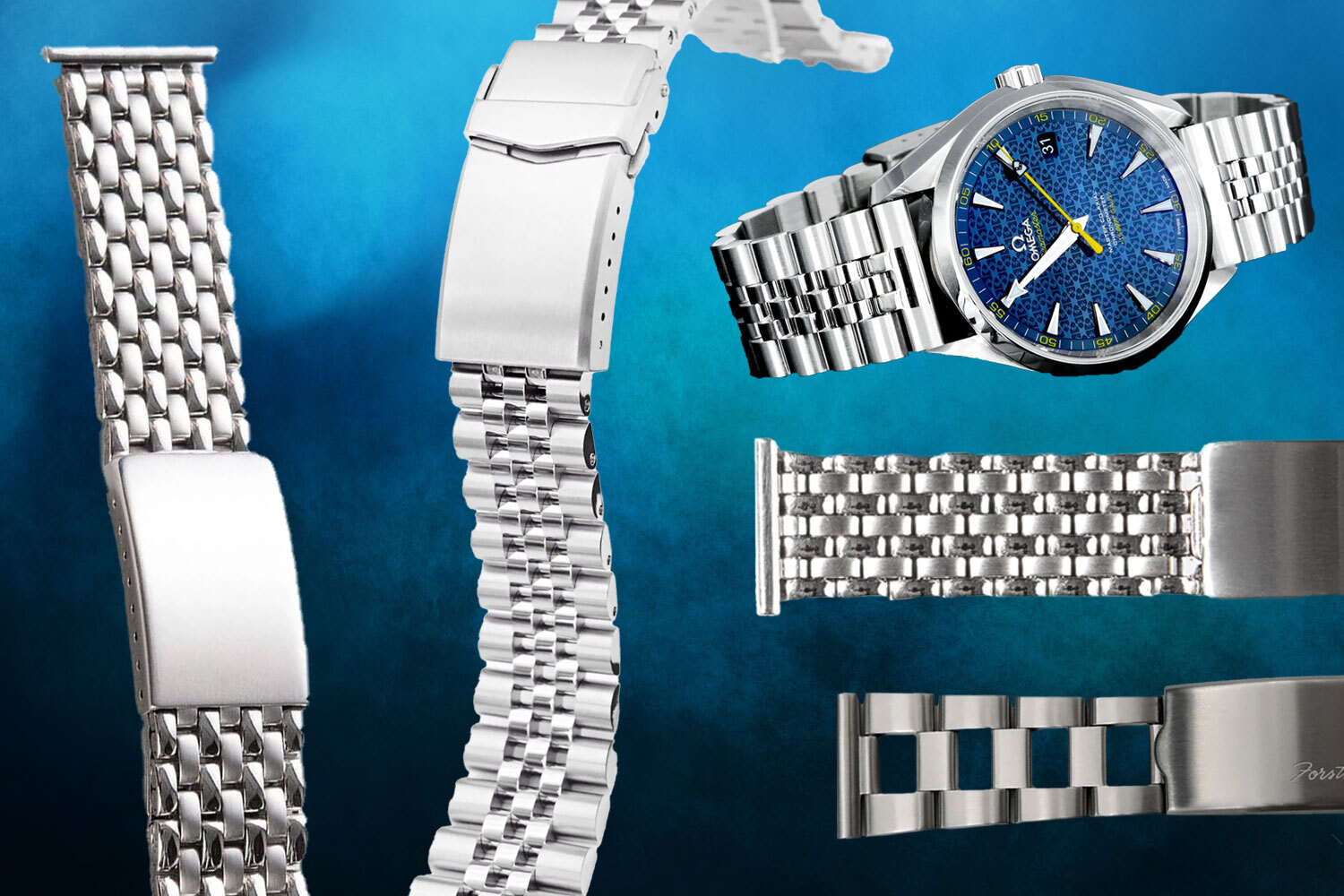 best metal watch bracelets on a blue background