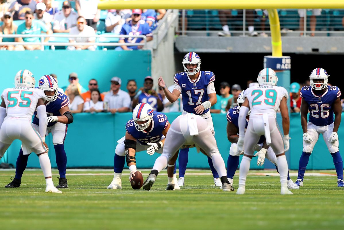 Josh Allen prepares to snap the ball against the Dolphins in Miami earlier this season.